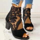 Mesh Leather Flower High Thick Heel