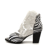 Mesh Leather Flower High Thick Heel