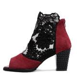 Mesh Leather Flower High Thick Heel