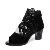 Mesh Leather Flower High Thick Heel