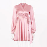 Elegant Pink Belted Wrap Female Mini Dress