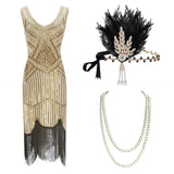 1920s Plus Size Gatsby Sequin Fringed Dress Paisley Art Deco Flapper Sleeve Dress with 20s Accessories Set xs,s,l,m,xl,xxl