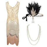 1920s Plus Size Gatsby Sequin Fringed Dress Paisley Art Deco Flapper Sleeve Dress with 20s Accessories Set xs,s,l,m,xl,xxl