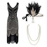 1920s Plus Size Gatsby Sequin Fringed Dress Paisley Art Deco Flapper Sleeve Dress with 20s Accessories Set xs,s,l,m,xl,xxl