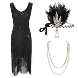 1920s Plus Size Gatsby Sequin Fringed Dress Paisley Art Deco Flapper Sleeve Dress with 20s Accessories Set xs,s,l,m,xl,xxl