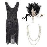 1920s Plus Size Gatsby Sequin Fringed Dress Paisley Art Deco Flapper Sleeve Dress with 20s Accessories Set xs,s,l,m,xl,xxl