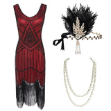 1920s Plus Size Gatsby Sequin Fringed Dress Paisley Art Deco Flapper Sleeve Dress with 20s Accessories Set xs,s,l,m,xl,xxl