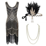 1920s Plus Size Gatsby Sequin Fringed Dress Paisley Art Deco Flapper Sleeve Dress with 20s Accessories Set xs,s,l,m,xl,xxl