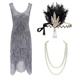 1920s Plus Size Gatsby Sequin Fringed Dress Paisley Art Deco Flapper Sleeve Dress with 20s Accessories Set xs,s,l,m,xl,xxl