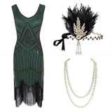 1920s Plus Size Gatsby Sequin Fringed Dress Paisley Art Deco Flapper Sleeve Dress with 20s Accessories Set xs,s,l,m,xl,xxl