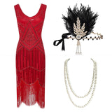 1920s Plus Size Gatsby Sequin Fringed Dress Paisley Art Deco Flapper Sleeve Dress with 20s Accessories Set xs,s,l,m,xl,xxl