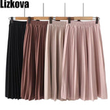 Waist Pleated Skirt Women Black Causal Midi Skirts