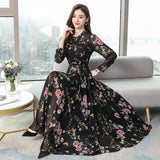 Fashion Floral Chiffon Long Dress 2020 Spring New Long Sleeved Elegant Dress Plus Size Women Clothes Pink Black Beach Bohemia