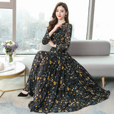 Fashion Floral Chiffon Long Dress 2020 Spring New Long Sleeved Elegant Dress Plus Size Women Clothes Pink Black Beach Bohemia