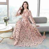 Fashion Floral Chiffon Long Dress 2020 Spring New Long Sleeved Elegant Dress Plus Size Women Clothes Pink Black Beach Bohemia